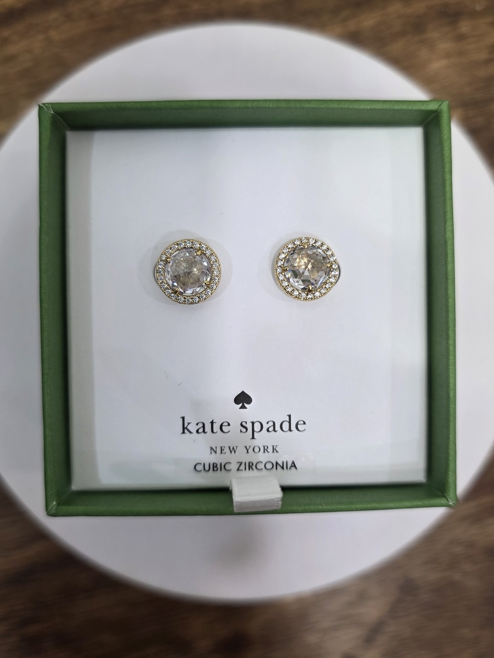 NWT Kate Spade New York Cubic Zirconia Stud Earrings Gold Tone Round Crystal